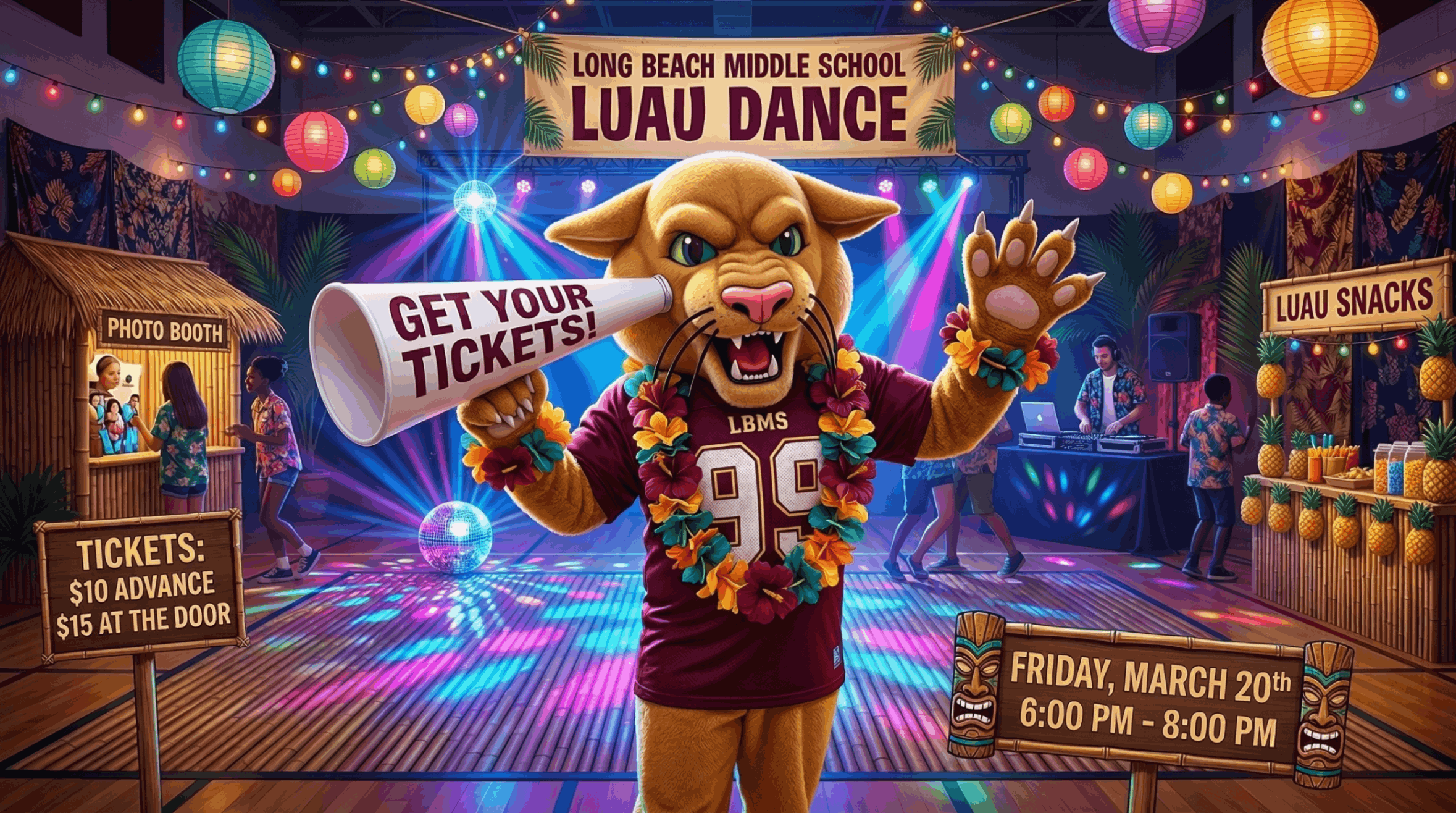 Colorful promotional graphic for the Long Beach Middle School Luau Dance. The school mascot wearing a maroon “LBMS 99” jersey and flower leis stands at the center holding a megaphone that reads “Get Your Tickets!” The background shows a decorated indoor venue with hanging lanterns, string lights, tropical plants, a DJ booth, a photo booth, and a snack stand labeled “Luau Snacks.” Signs display ticket prices—$10 in advance and $15 at the door—and the event date and time: Friday, March 20, 6:00–8:00 PM. The overall design has a bright, festive, tropical theme.